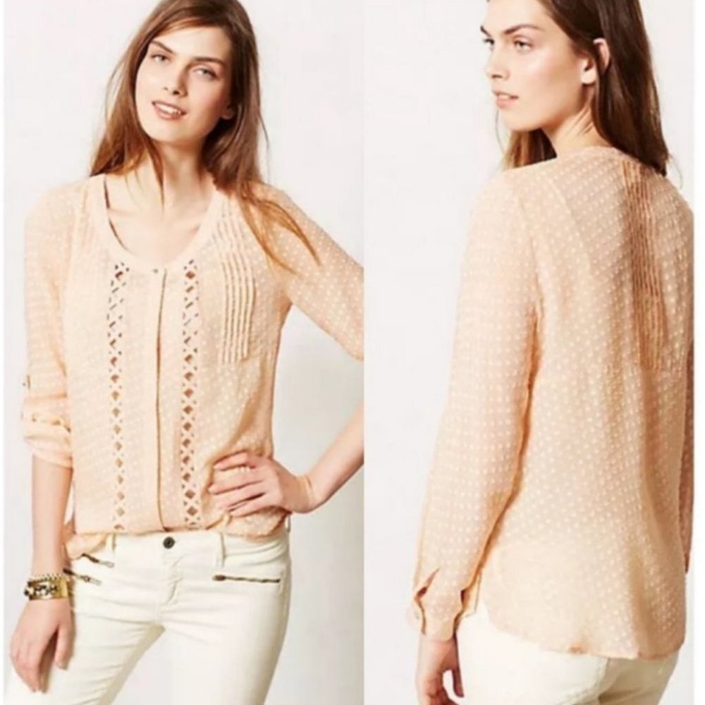 Anthropologie Silk Romantic Swiss Dot Blouse Peach Size XS Sheer Button Front